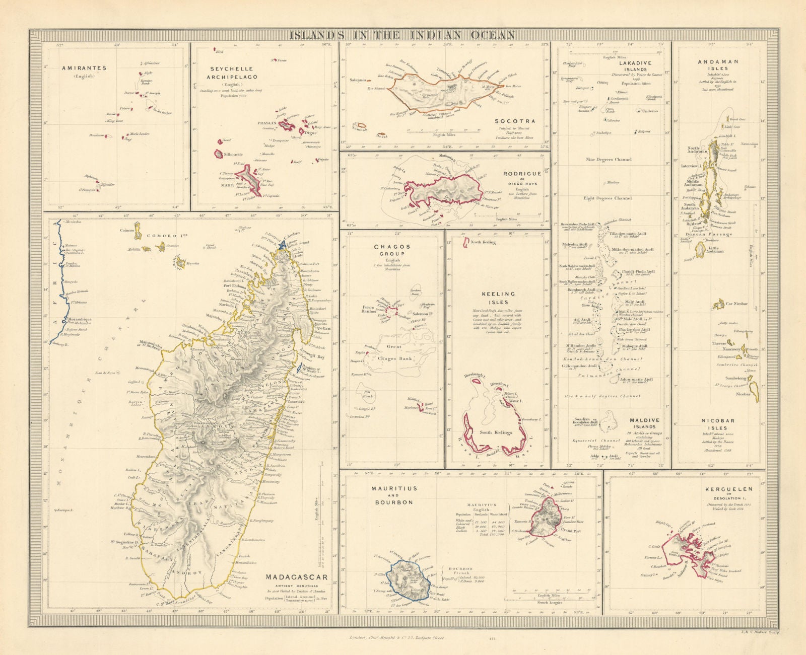 INDIAN OCEAN ISLANDS Madagascar Seychelles Maldives Mauritius. SDUK 1851 map